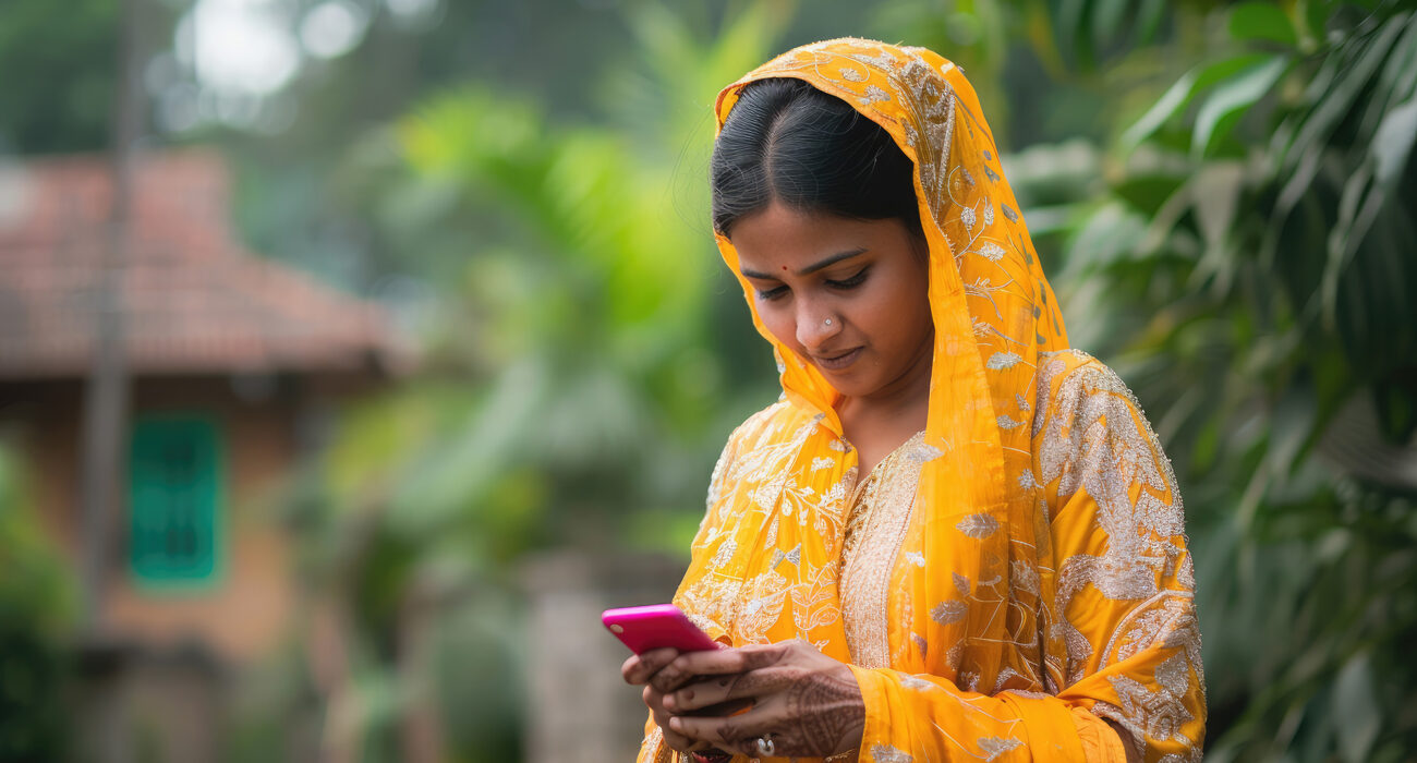 Woman enjoying an online radio program while working in a remote area